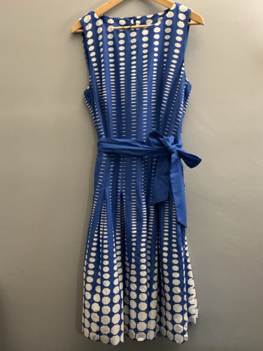 NWT Anne Klein Blue & White Fit & Flare Belted Dress Size 12 - 100% Cotton
